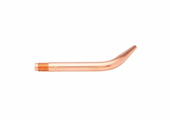 The Harris Model 5090-8N-AN Welding/Brazing Tip (1600136) features a tellurium copper build with a left threaded base and smooth angled right end, slightly curved for alternate fuels, presented on a plain white background.