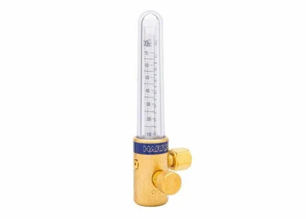 The Harris 5400618 - 55-2Ar/CD 100 5/8 in. NPT (M) Compensated Flowmeter has a brass and plastic body, a vertical transparent tube with precise markings, and base-mounted adjustment knobs—ideal for gas-shielded welding.