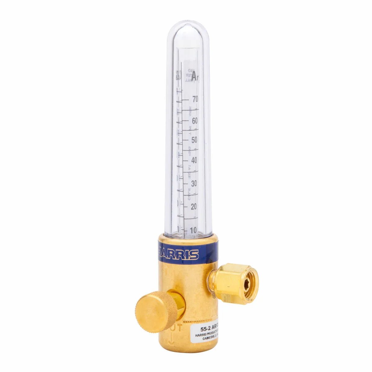 A compensated flowmeter for gas-shielded arc welding, featuring a brass body, clear vertical tube with graduated measurements labeled Ar for argon, and a base-mounted knob and connector for precise flow control.