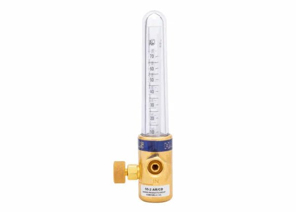 A brass compensated flowmeter for gas-shielded welding, featuring a clear vertical tube with measurement lines, a control knob on the left, and an inlet labeled IN at the front for precise flow control.