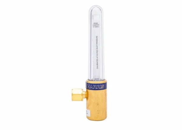 A compensated flowmeter for precise flow control, this brass gas flow meter features a vertical transparent tube with a floating ball inside, labeled HARRIS on a blue band, ideal for gas-shielded welding applications.
