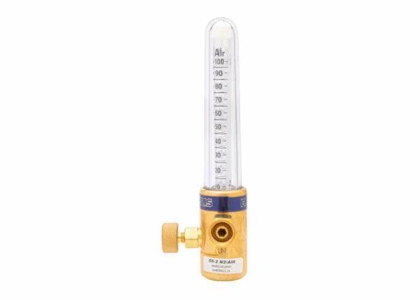 The Harris 5400619 - 55-2Ar/He 70 RH Compensated Flowmeter features a brass body, vertical transparent tube, and left-base valve knob for precise air control—ideal for gas-shielded arc welding. Fits 1/4 in. NPT (M) connections.