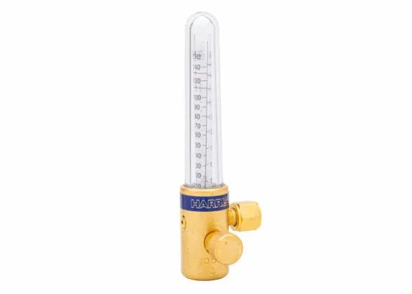 A brass compensated flowmeter with a transparent vertical tube marked with graduations, a control knob for precise flow control, and labeled HARRIS on a blue band—ideal for gas-shielded arc welding applications.