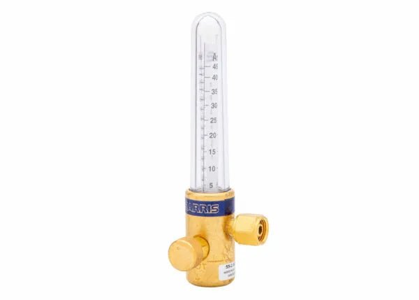 A brass compensated flowmeter with a vertical transparent tube marked with measurement graduations, a blue HARRIS label, and two connection ports at the base ensures precise flow control for gas-shielded arc welding.