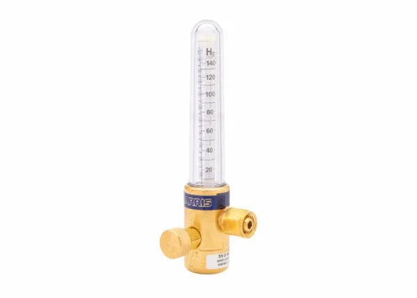 A brass compensated flowmeter with a clear vertical tube marked with H2 and a scale, featuring SCFH flow control and two adjustment knobs at the base for precise gas-shielded welding applications.