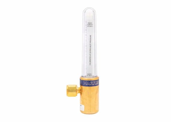 A close-up of a gas cylinder paired with a compensated flowmeter, essential for precise flow control during gas-shielded arc welding.