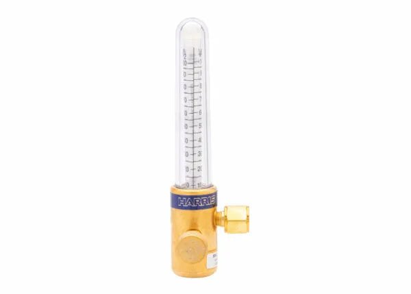 A compensated flowmeter for precise flow control, this brass gas flow meter features a clear vertical tube with graduated measurements and a black HARRIS label—ideal for gas-shielded arc welding applications.
