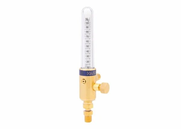 A brass compensated flowmeter with a clear vertical tube marked from 0 to 100. The base has adjustment knobs and fittings for precise flow control, making it ideal for gas-shielded arc welding applications.