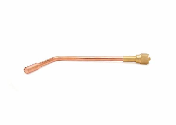 Harris 6-VMFA MFA-Style Heating Tip for Victor 310 torch, curved copper/brass neck, multi-flame, welding accessory, white bg.
