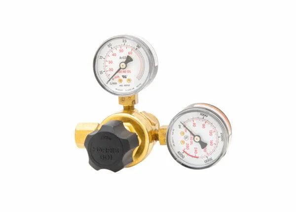 The Harris 3000290 - 601-60Ar-580 Single Stage Flowgauge Regulator (Bulk Pack) features two round pressure gauges, a black adjustment knob, and reliable gas pressure control for versatile applications. Shown on a white background.