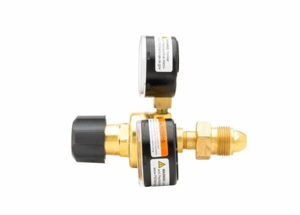 The Harris 3000290 - 601-60Ar-580 Single Stage Flowgauge Regulator (Bulk Pack) features two pressure gauges, a black left-side control knob, and a right-side threaded connector, shown isolated on a white background.