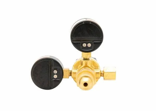 A Harris 3000290 - 601-60Ar-580 Single Stage Flowgauge Regulator (Bulk Pack) with two black circular pressure gauges, shown on a white background.