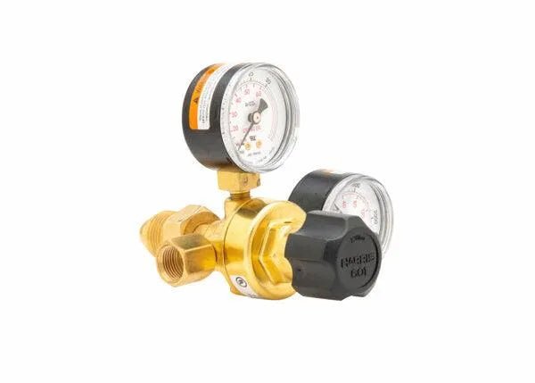 The Harris 3000290 - 601-60Ar-580 Single Stage Flowgauge Regulator (Bulk Pack) features two pressure gauges and a black adjustment knob, shown on a white background.