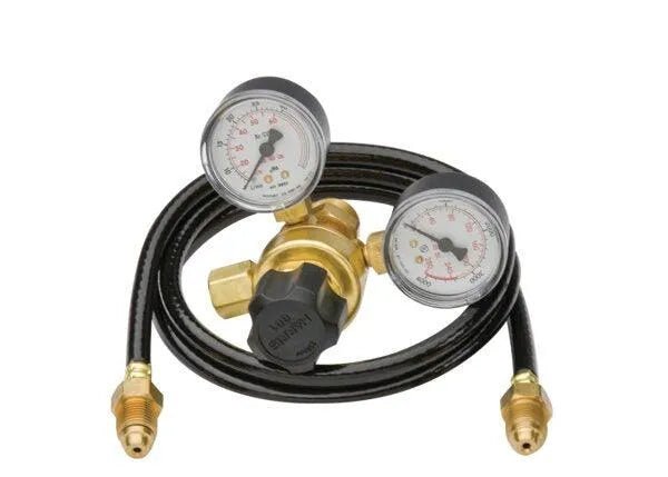 The Harris 3000988 - 601-60CD-32010 Flowgauge Regulator Shielding Gas Kit includes a gas regulator with dual pressure gauges and a black hose with brass fittings, ensuring precise flow control and pressure management for MIG welding.