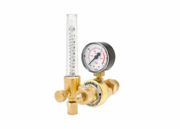 Harris 3100575 brass argon flowmeter regulator for welding, with pressure gauge and flow tube, on white background.