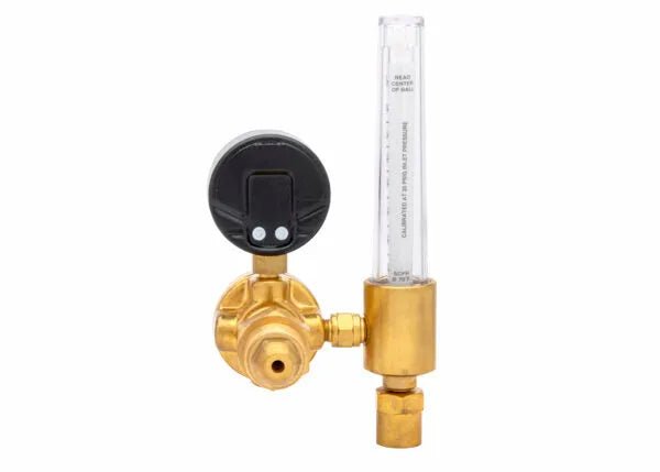 Harris 3100575 flowmeter regulator for welding, with brass body, gauge, and clear tube for precise Argon/CO2 gas control.