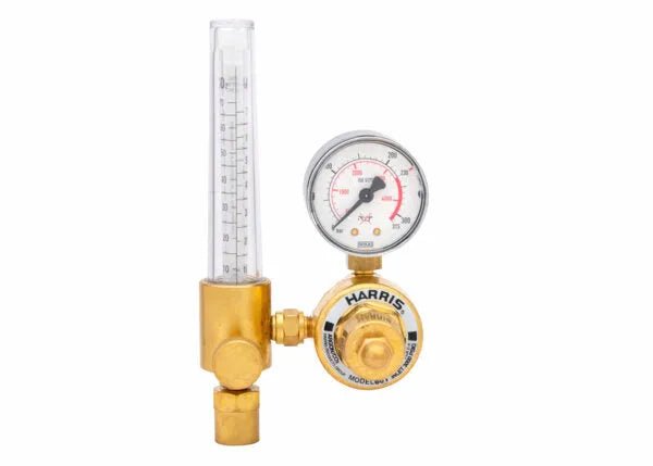 Harris 3100575 Argon Flowmeter Regulator for welding, brass body, clear vertical tube, pressure gauge, Harris branding.