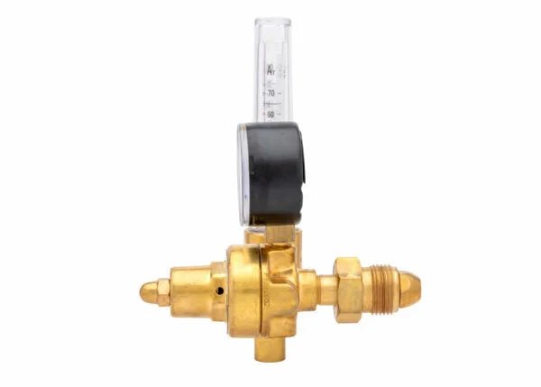 Harris 3100575 brass argon flowmeter regulator with pressure gauge for welding gas control, shown on white, WeldingMart tools.