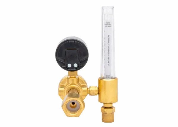 Harris 3100578 601-CD-320 welding flowmeter regulator with brass body, pressure gauge, and clear tube for precise gas control.