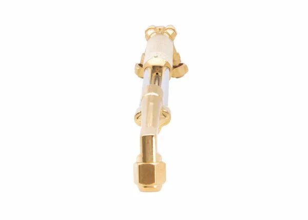 Harris 1003464 62-5AEL 21" hand cutting torch for welding, gold/silver heavy-duty tool with 70° head, overhead on white.