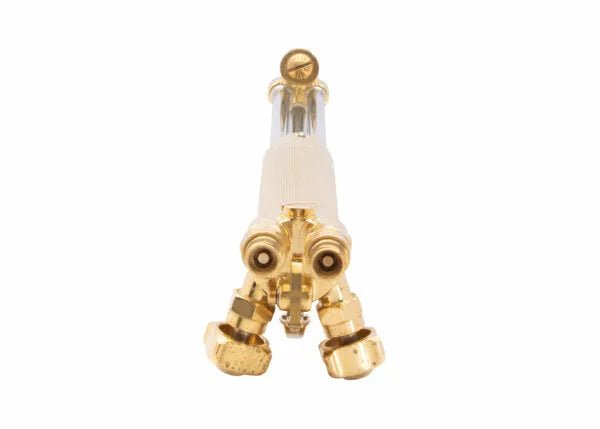Close-up of Harris 1003464 62-5AEL 21" 70° cutting torch, welding tool with knobs and tripod legs, on white background.