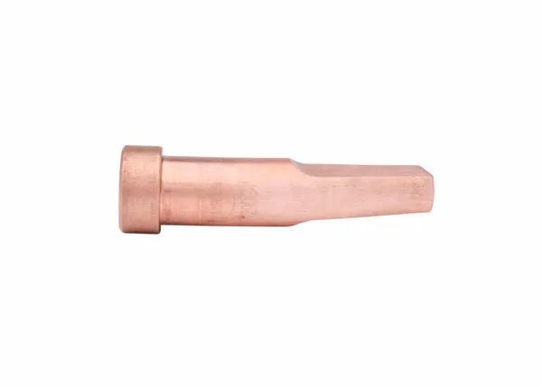 A specialty gouging tip for Harris cutting torch, this copper welding nozzle features a cylindrical base and a tapered, slightly flattened tip, shown horizontally on a white background.