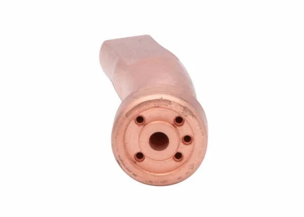 A close-up view of a heavy duty acetylene gouging tip nozzle, with multiple small holes arranged in a circular pattern around a central hole, commonly used with Harris cutting torch equipment, set against a white background.