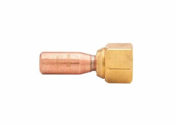 Harris Model 6290-1HA Specialty Heating Tip 1800495 for welding, with hex nut and copper tube, for acetylene torches, on white.