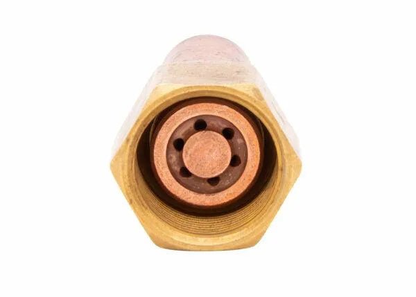 Harris Model 6290-1HA Specialty Heating Tip for welding, brass hex fitting with copper interior and holes, against white background.