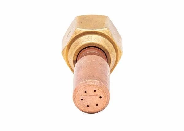 Harris Model 6290-1HA Specialty Heating Tip 1800495 for welding, with hex nut and multi-hole head, shown on white background.