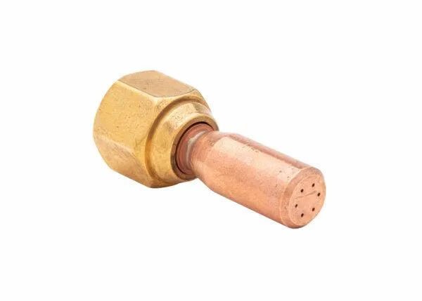 Brass and copper welding compressor valve with hex nut, precision-crafted like Harris 6290-1HA heating tip, on white background.