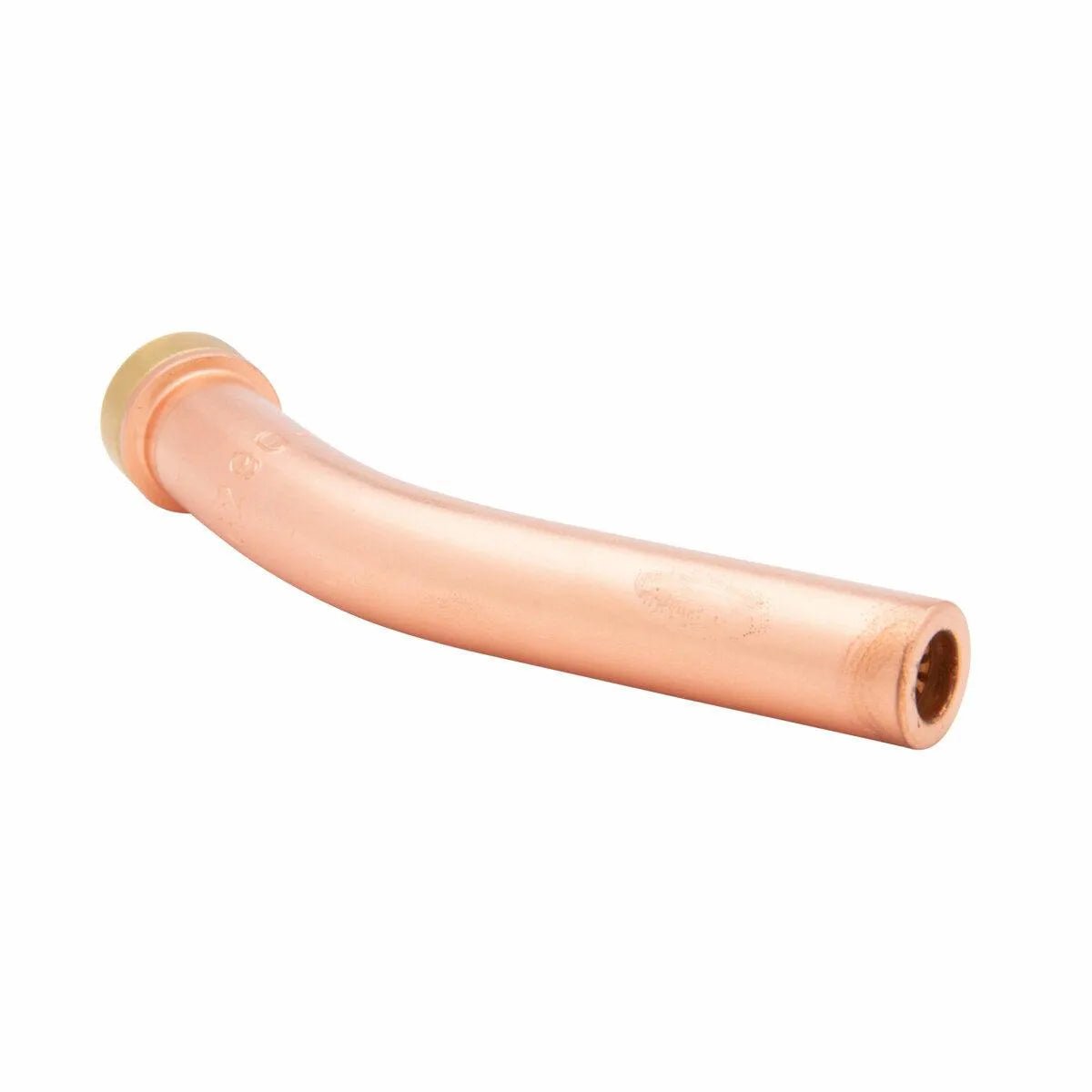 The Harris Model 6290-2GG Specialty Gouging Tip (1500950) is a curved copper fitting with open ends, featuring a brass collar on one end and a smooth, polished copper surface, shown against a white background.