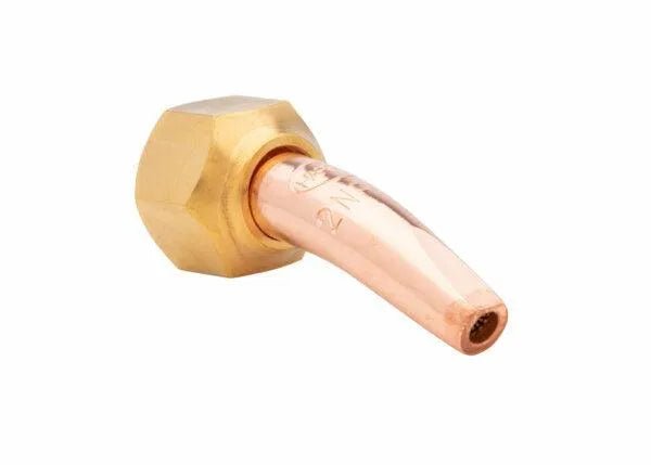 Harris 6290-2NFFR Rivet Cutting Tip for torches, brass-copper build, hex nut, curved nozzle—welding tool at WeldingMart.