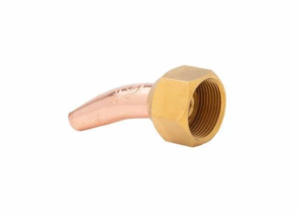Harris 6290-2NFFR Rivet Cutting Tip 1501090 for Harris torches, bent tube with brass hex nut, welding tool on white background.