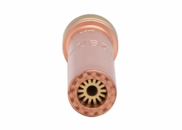 Close-up of Harris 6290-5NH Cutting Tip (1501120) copper welding accessory, star opening, on white. WeldingMart equipment.