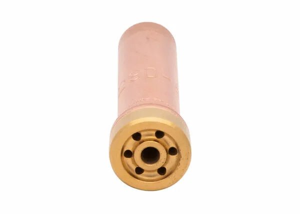 Harris 6290-6NH Machine Cutting Tip (1501130) for welding equipment, gold nozzle with circular holes on white background.