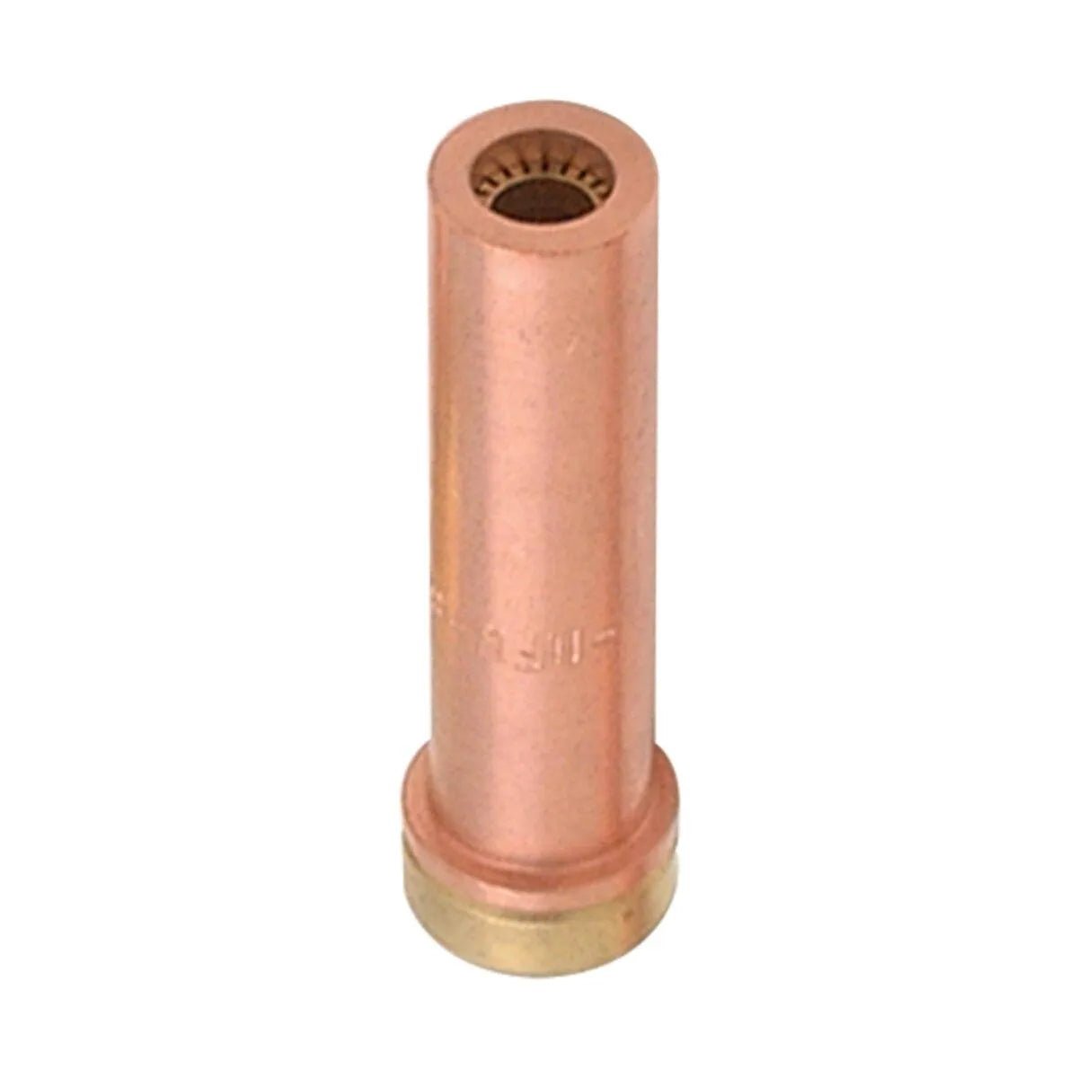 The Harris Model 6290-8NFW Specialty Rivet Washing Tip (1501110) features a cylindrical form with a brass base, flared end, and grid-like interior, designed for alternate fuel cutting torch use. Shown upright against a white background.