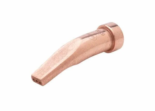 The Harris Model 6290-R Specialty Rivet Cutting Tip - 1501290 is a copper, heavy-duty tip for Harris cutting torches, with a curved, tapered design and three small holes at the flat end, shown against a plain white background.