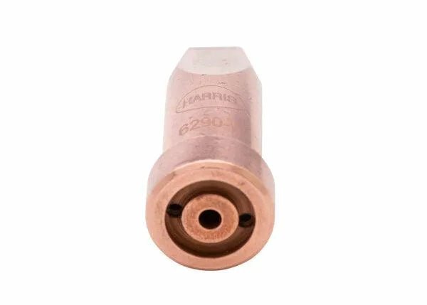 A close-up of a Harris Model 6290-R Specialty Rivet Cutting Tip (1501290) for Harris cutting torches, shown from the nozzle end with central hole and engraved markings. The copper tip is set against a plain white background.