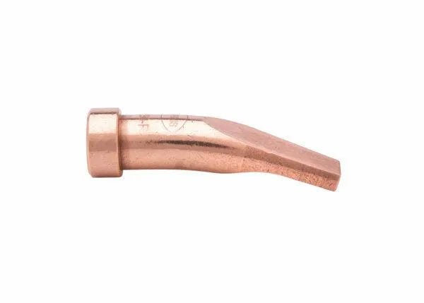 The Harris Model 6290-R Specialty Rivet Cutting Tip - 1501290 features a copper cylindrical base, tapered bent nozzle, and flat angled tip. Its smooth metallic surface is ideal as a Harris cutting torch or for heavy duty rivet cutting.