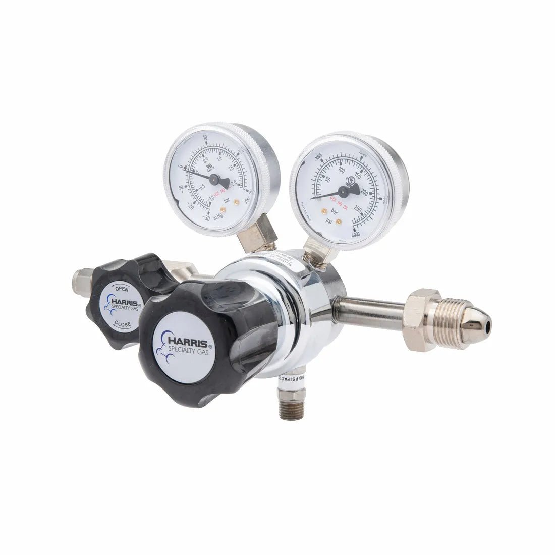The Harris 701-015-580-BE Argon/Helium/Neon/Nitrogen Regulator is a metal single-stage unit with stainless steel diaphragm, two black control knobs, two pressure gauges, and threaded connectors for accurate gas pressure control.