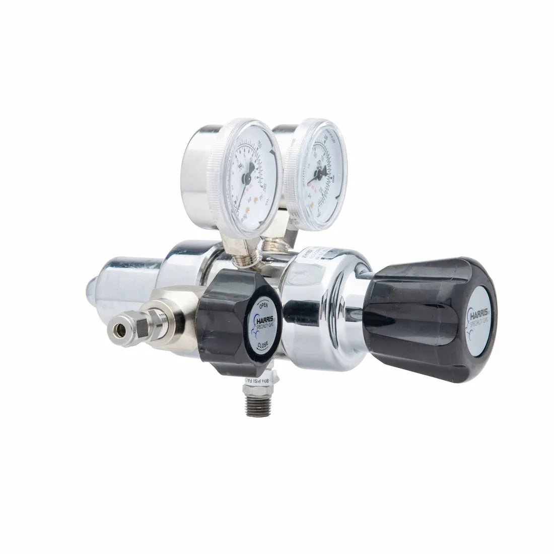 The Harris 702-125-350-BE Chlorine/Carbon Monoxide/Propane/Hydrogen Regulator features a stainless steel diaphragm, dual pressure gauges, black adjustment knob, and various connections—ideal as a high purity or two stage cylinder regulator. Photographed on white.