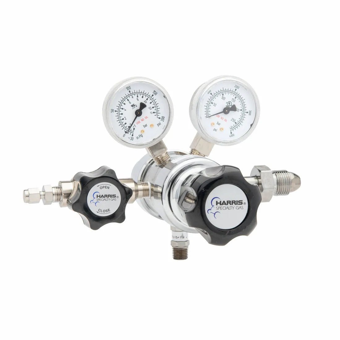 The Harris - 702-125-500-BF Acetylene Regulator features a stainless steel diaphragm, dual gauges for inlet and outlet pressures, black adjustment knobs, and metal fittings, all isolated on a white background.