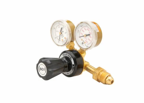 Harris 3100508 801-Ar60-580 Single Stage Flowgauge Regulator for welding, with dual pressure gauges and black adjustment knob.
