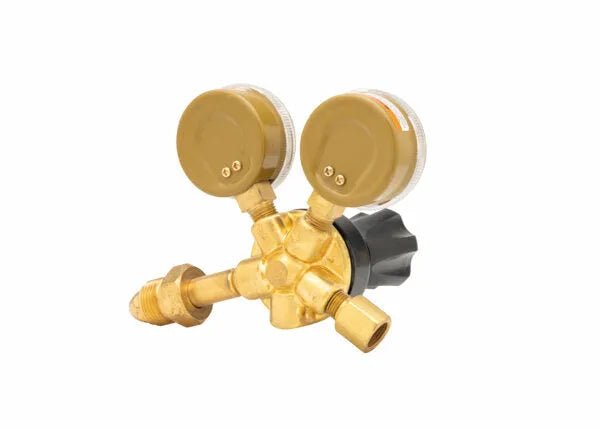 Harris 3100508 Argon Regulator, brass body, dual gauges, black knob; single stage welding flowgauge from WeldingMart.