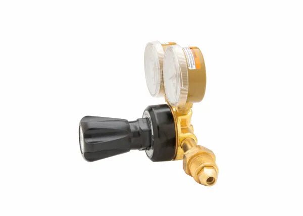 Harris 3100508 Single Stage Welding Flowgauge Regulator with two gauges and black adjustment knob, ideal for welding gas control.