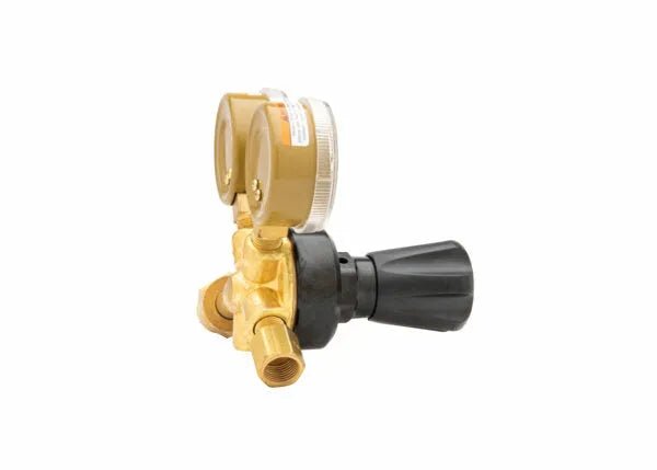 Harris 3100508 brass single stage flowgauge regulator for welding, with dual gauges and black adjustment knob, on white background.