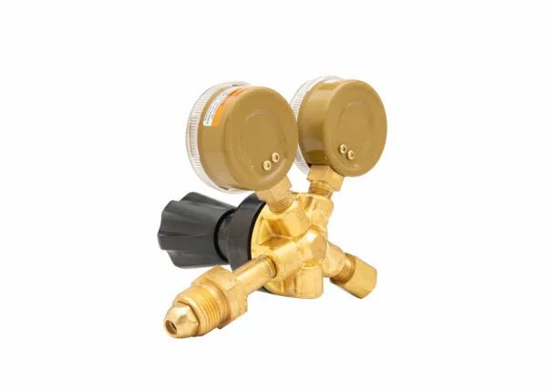 Harris 3100508 801-Ar60-580 brass single stage welding regulator with dual gauges, black knob, threaded connectors, white background.