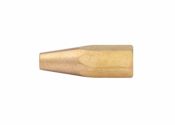 A brass hexagonal object with a flat end and tapered tip, shown on a white background. This is the Harris Model 8490-5N Separable Brazing Tip - 1602100, ideal for use with alternate fuel gas or fluid connections.