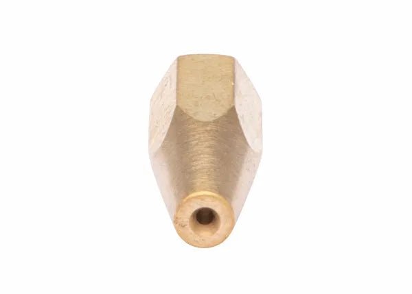 A close-up of the Harris Model 8490-5N Separable Brazing Tip (1602100) shows its hexagonal, tapered brass design with a small circular opening, set against a plain white background.